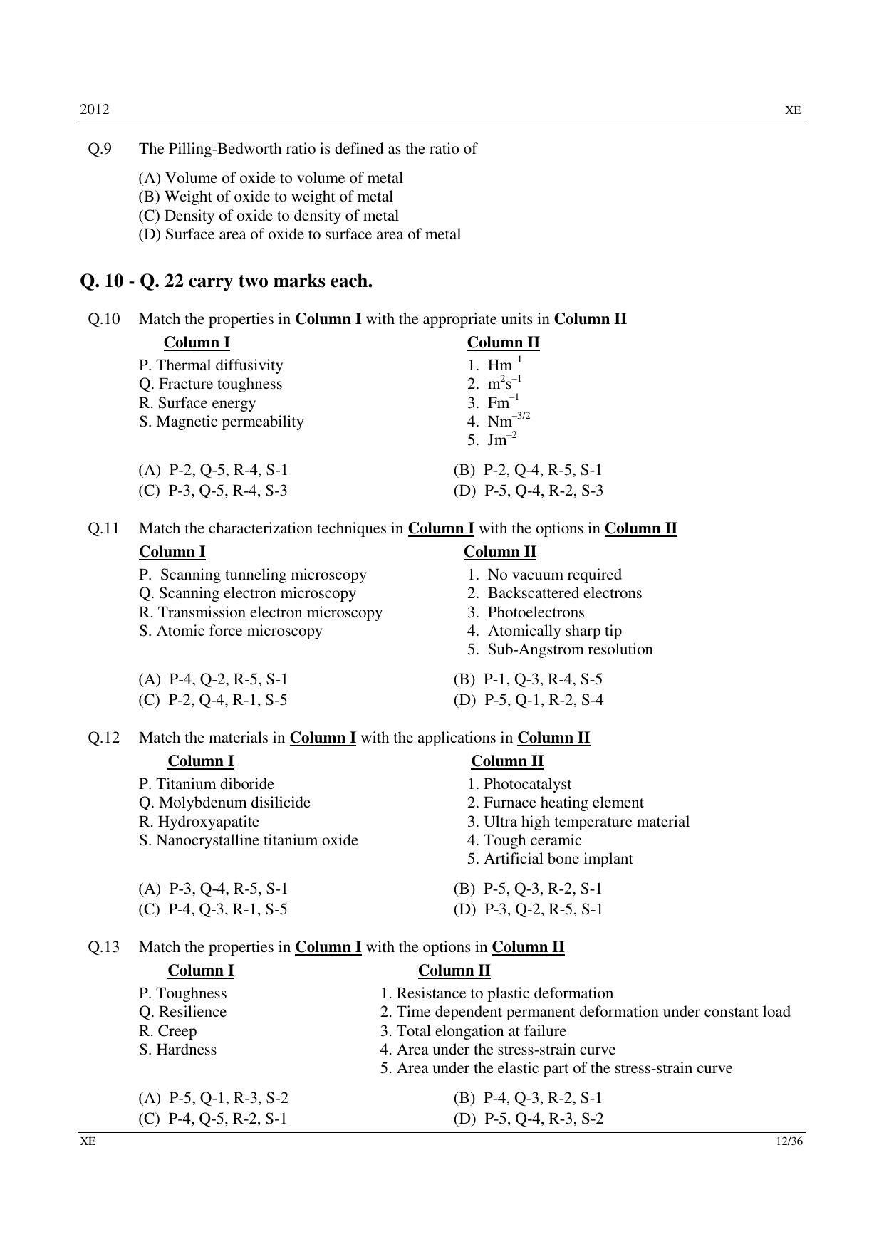 GATE 2012 Engineering Sciences (XE) Question Paper with Answer Key - Page 12