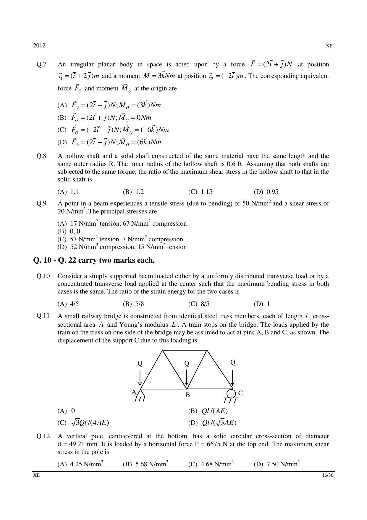 GATE 2012 Engineering Sciences (XE) Question Paper with Answer Key - Page 16