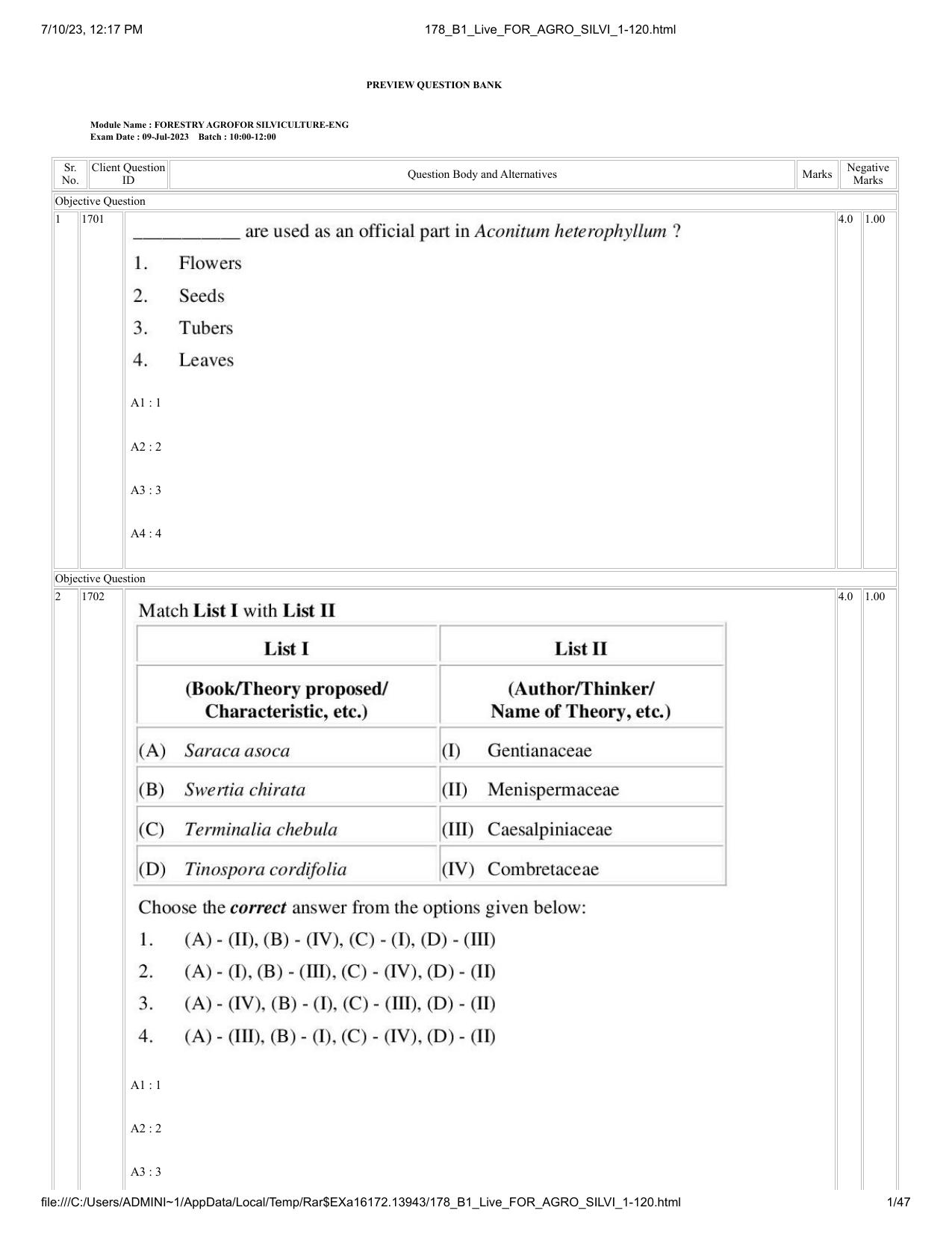 ICAR AIEEA PG 2023 FORESTRY AGROFORESTRY SILVICULTURE Question Paper - Page 1