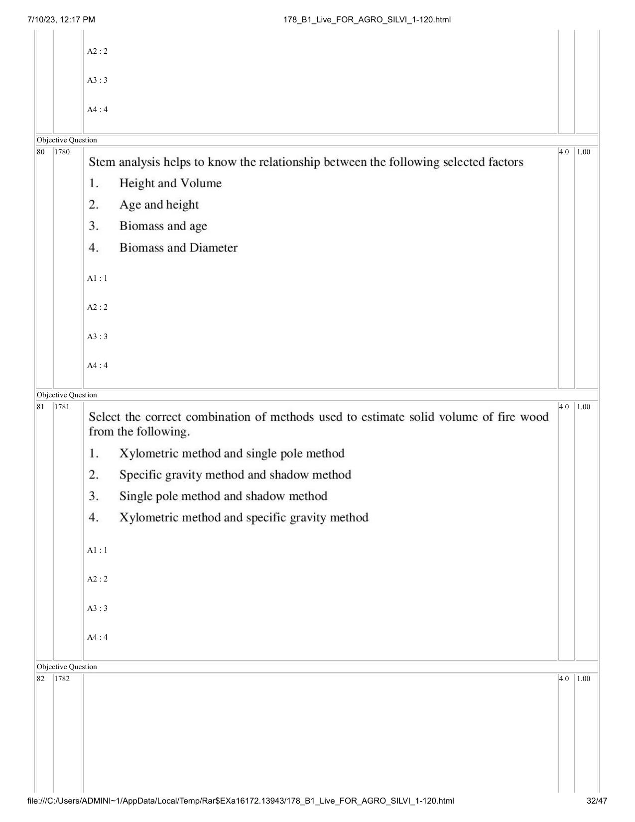 ICAR AIEEA PG 2023 FORESTRY AGROFORESTRY SILVICULTURE Question Paper - Page 32