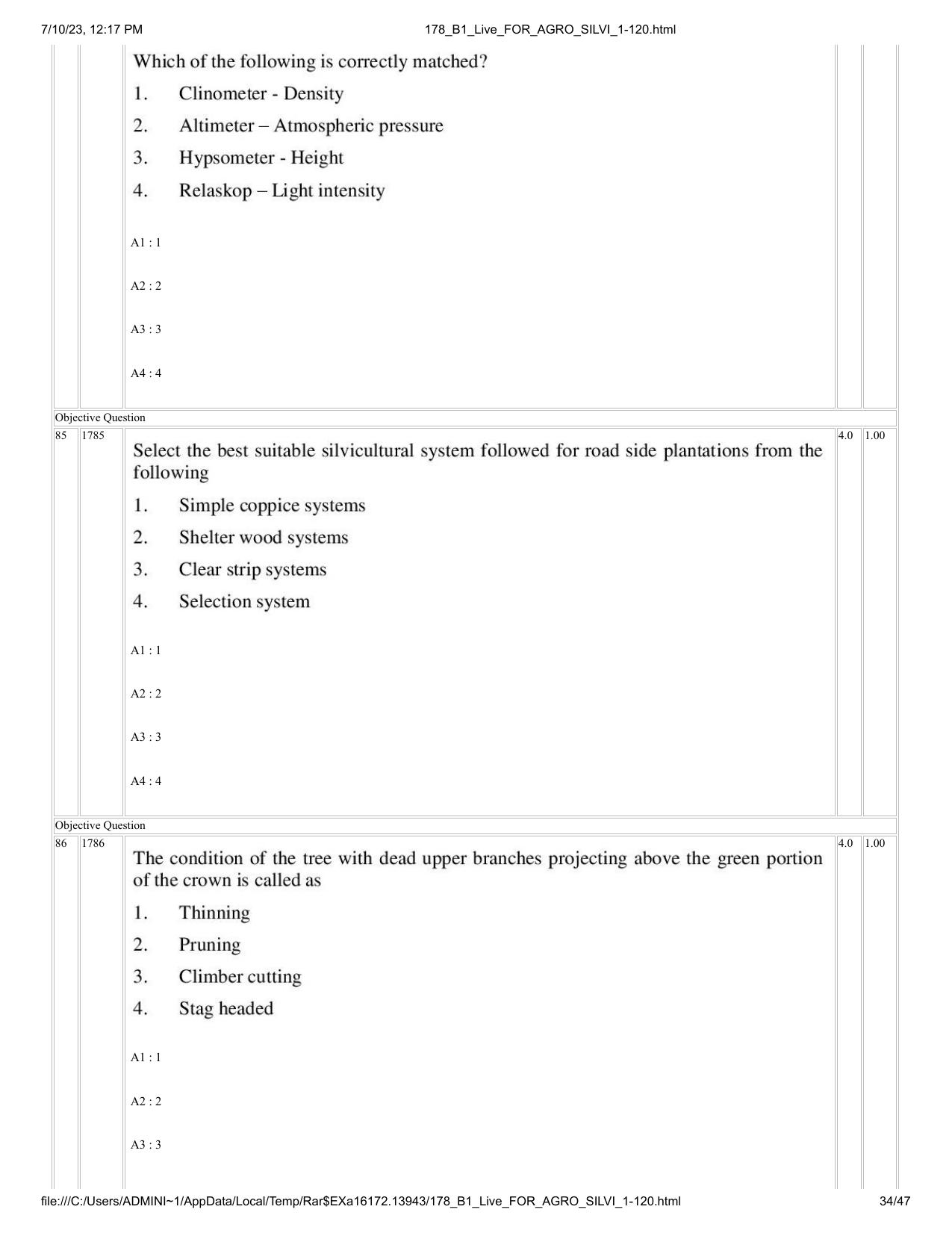 ICAR AIEEA PG 2023 FORESTRY AGROFORESTRY SILVICULTURE Question Paper - Page 34