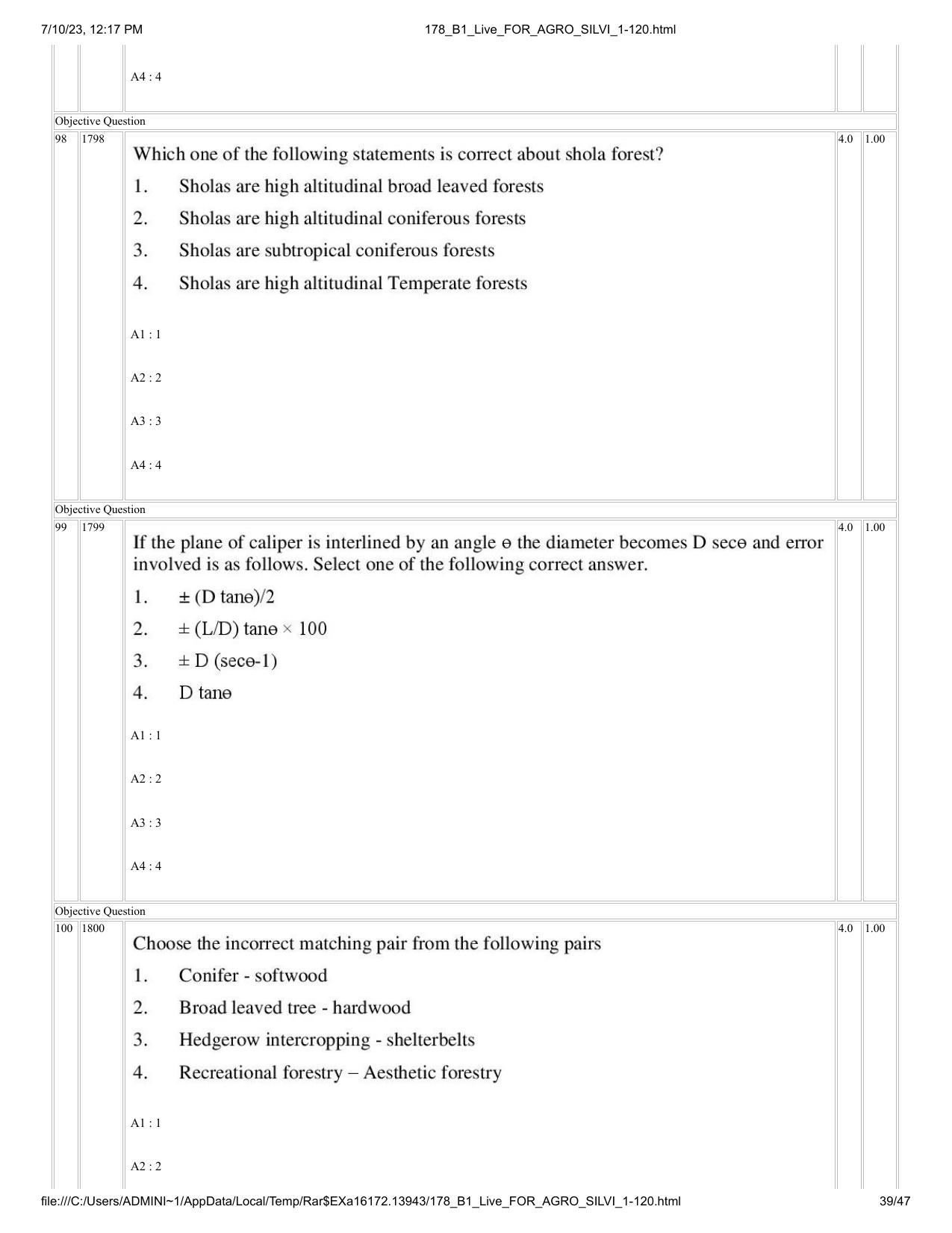 ICAR AIEEA PG 2023 FORESTRY AGROFORESTRY SILVICULTURE Question Paper - Page 39