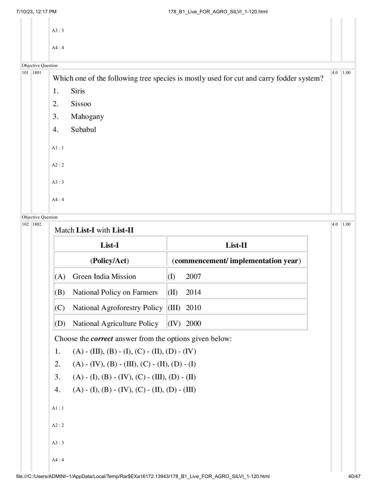 ICAR AIEEA PG 2023 FORESTRY AGROFORESTRY SILVICULTURE Question Paper - Page 40