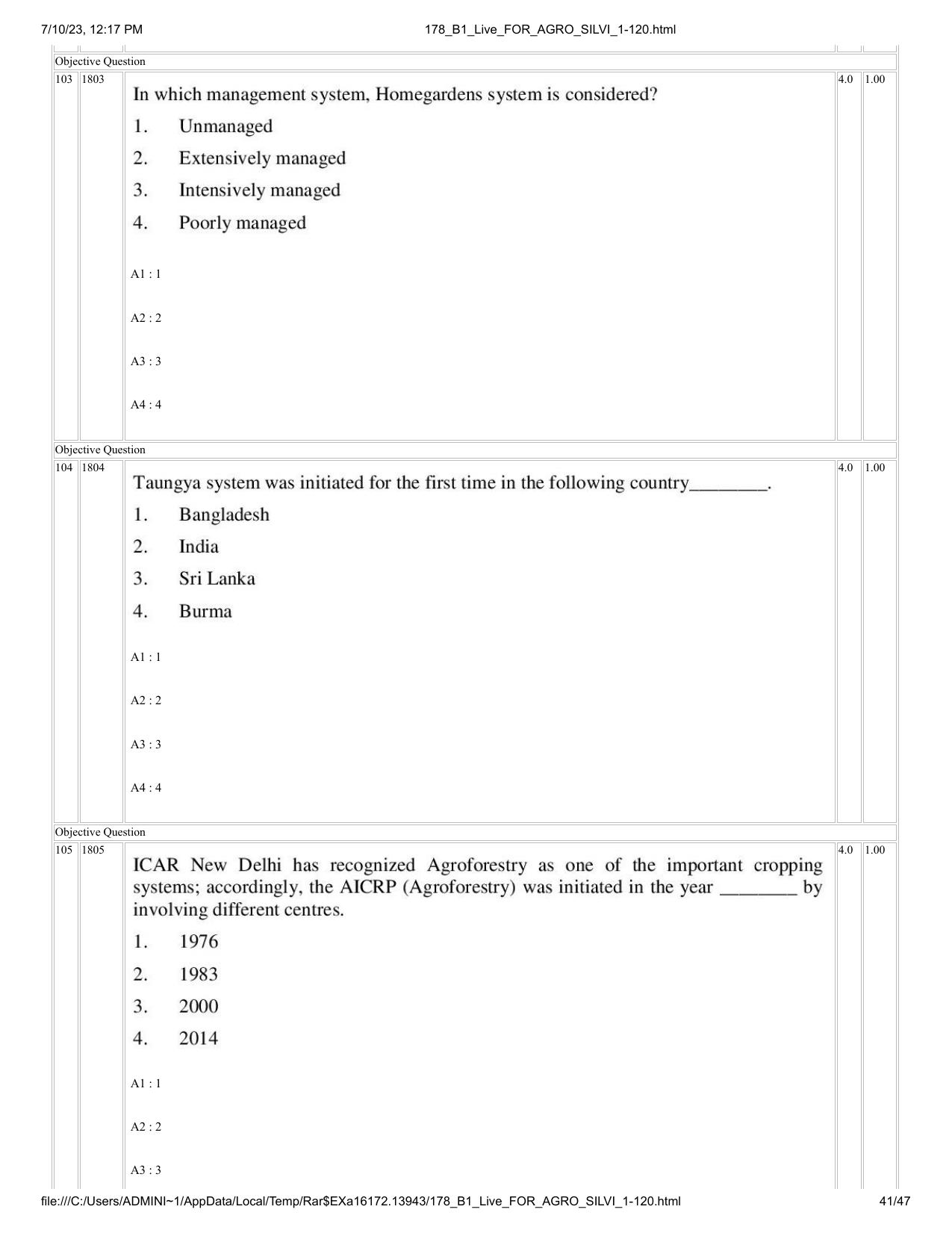 ICAR AIEEA PG 2023 FORESTRY AGROFORESTRY SILVICULTURE Question Paper - Page 41