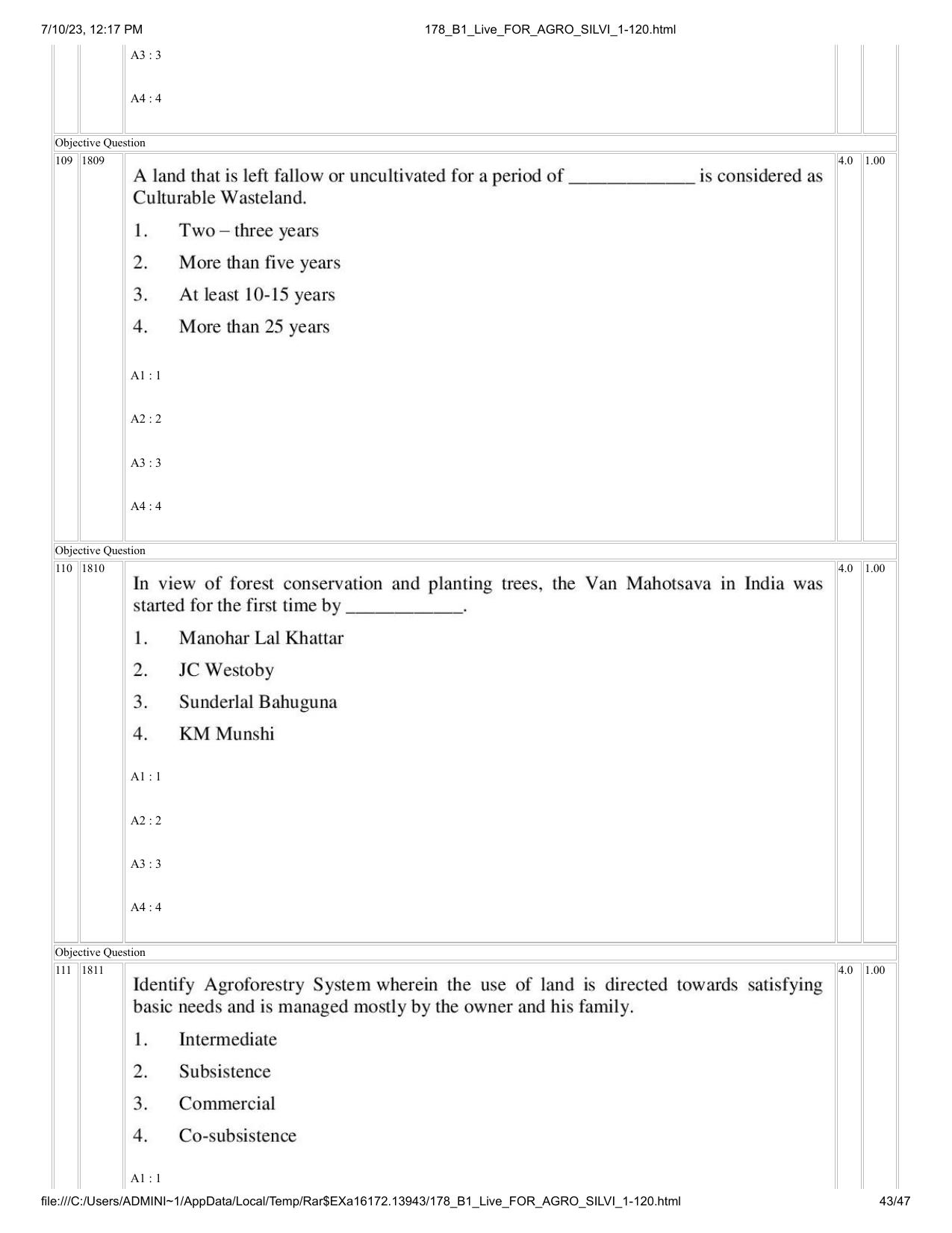 ICAR AIEEA PG 2023 FORESTRY AGROFORESTRY SILVICULTURE Question Paper - Page 43