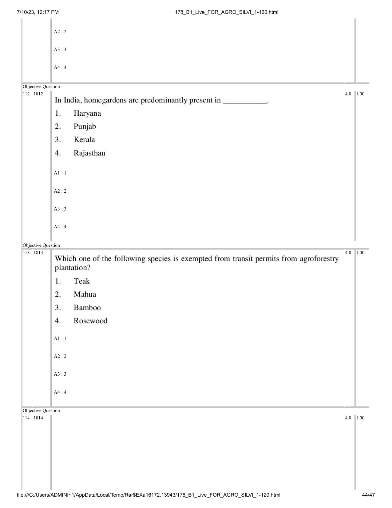 ICAR AIEEA PG 2023 FORESTRY AGROFORESTRY SILVICULTURE Question Paper - Page 44