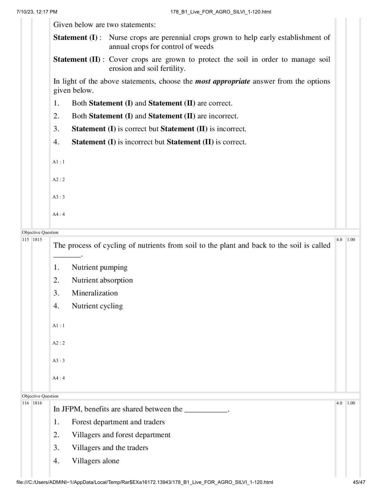 ICAR AIEEA PG 2023 FORESTRY AGROFORESTRY SILVICULTURE Question Paper - Page 45