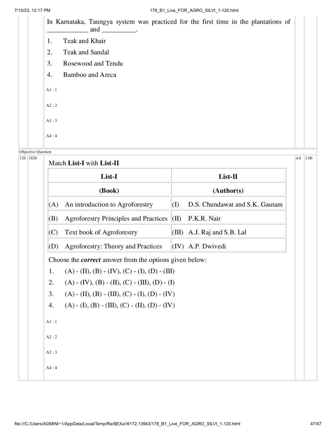 ICAR AIEEA PG 2023 FORESTRY AGROFORESTRY SILVICULTURE Question Paper - Page 47