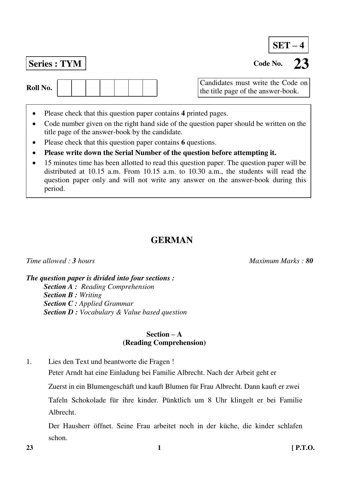 CBSE Class 10 23 (German) 2018 Question Paper - Page 1