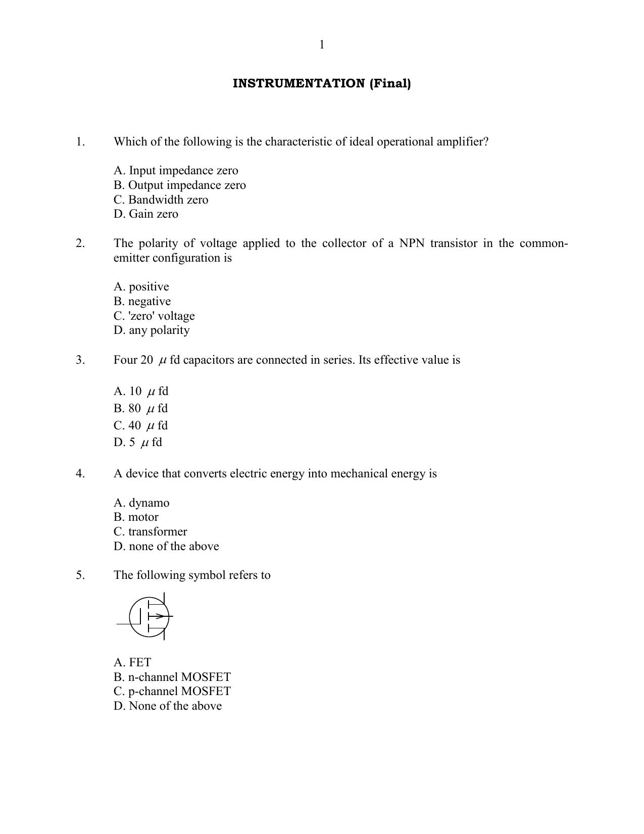 CUSAT CAT 2016 Instrumentation Question Paper - Page 1