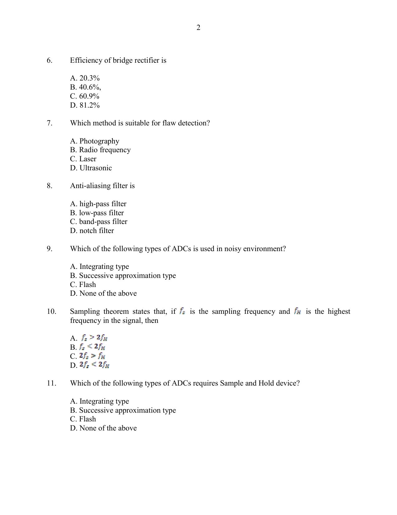 CUSAT CAT 2016 Instrumentation Question Paper - Page 2
