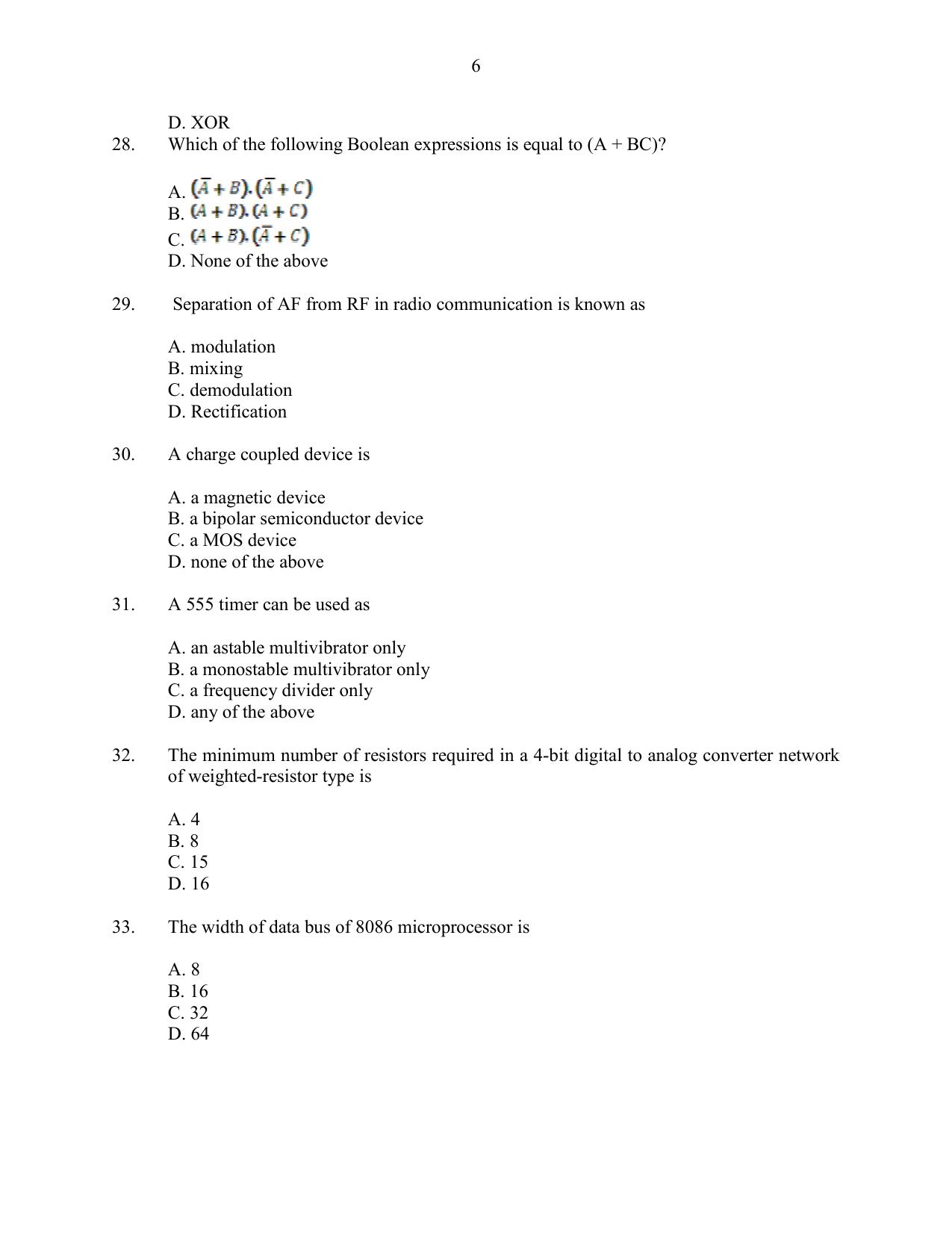 CUSAT CAT 2016 Instrumentation Question Paper - Page 6