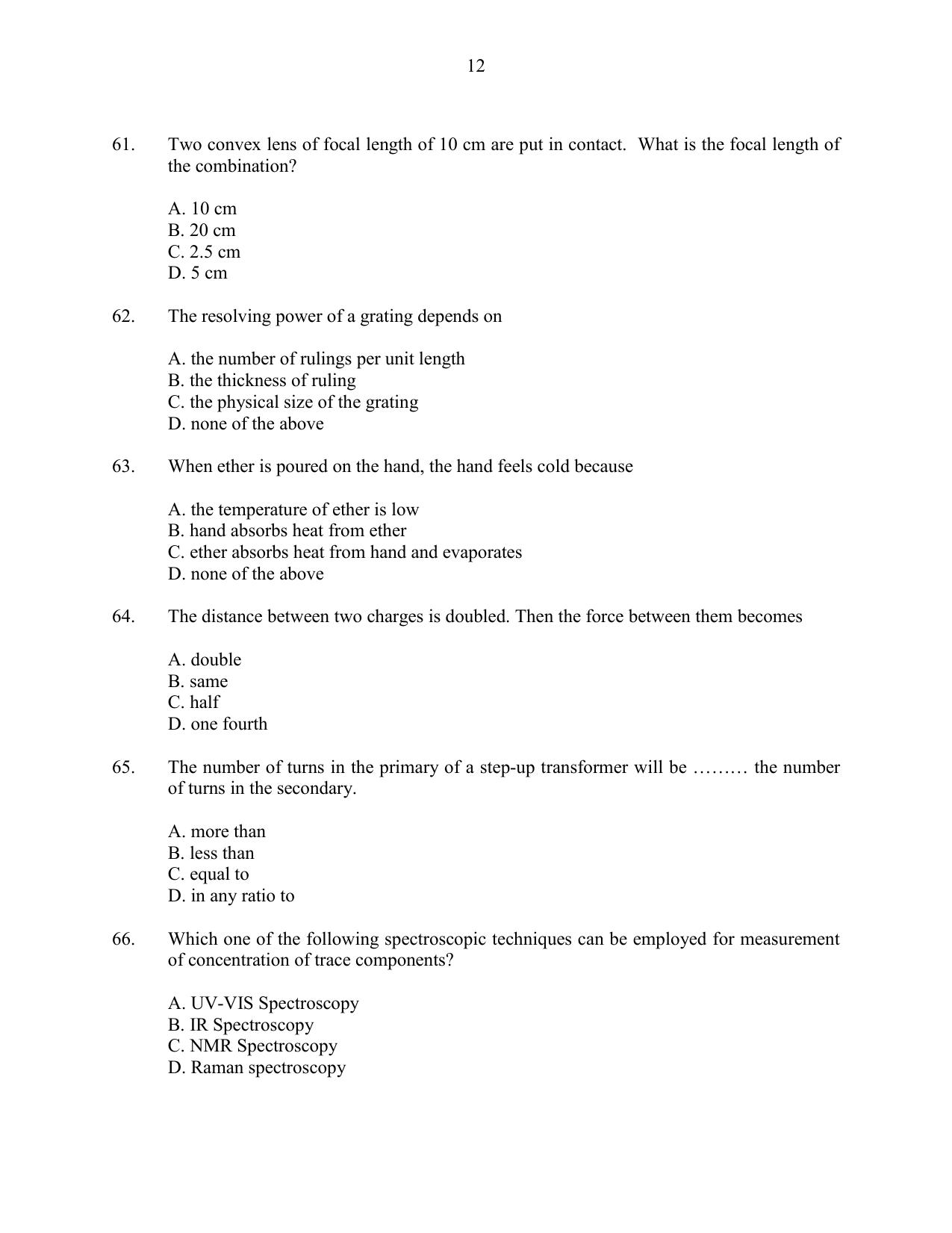 CUSAT CAT 2016 Instrumentation Question Paper - Page 12
