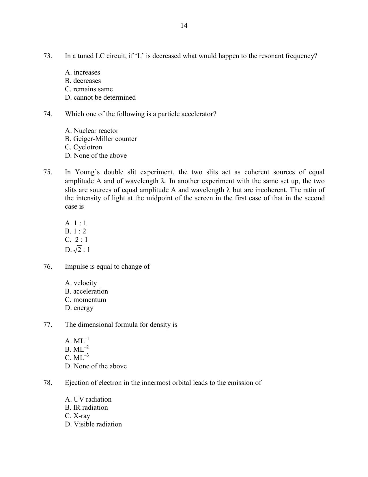 CUSAT CAT 2016 Instrumentation Question Paper - Page 14