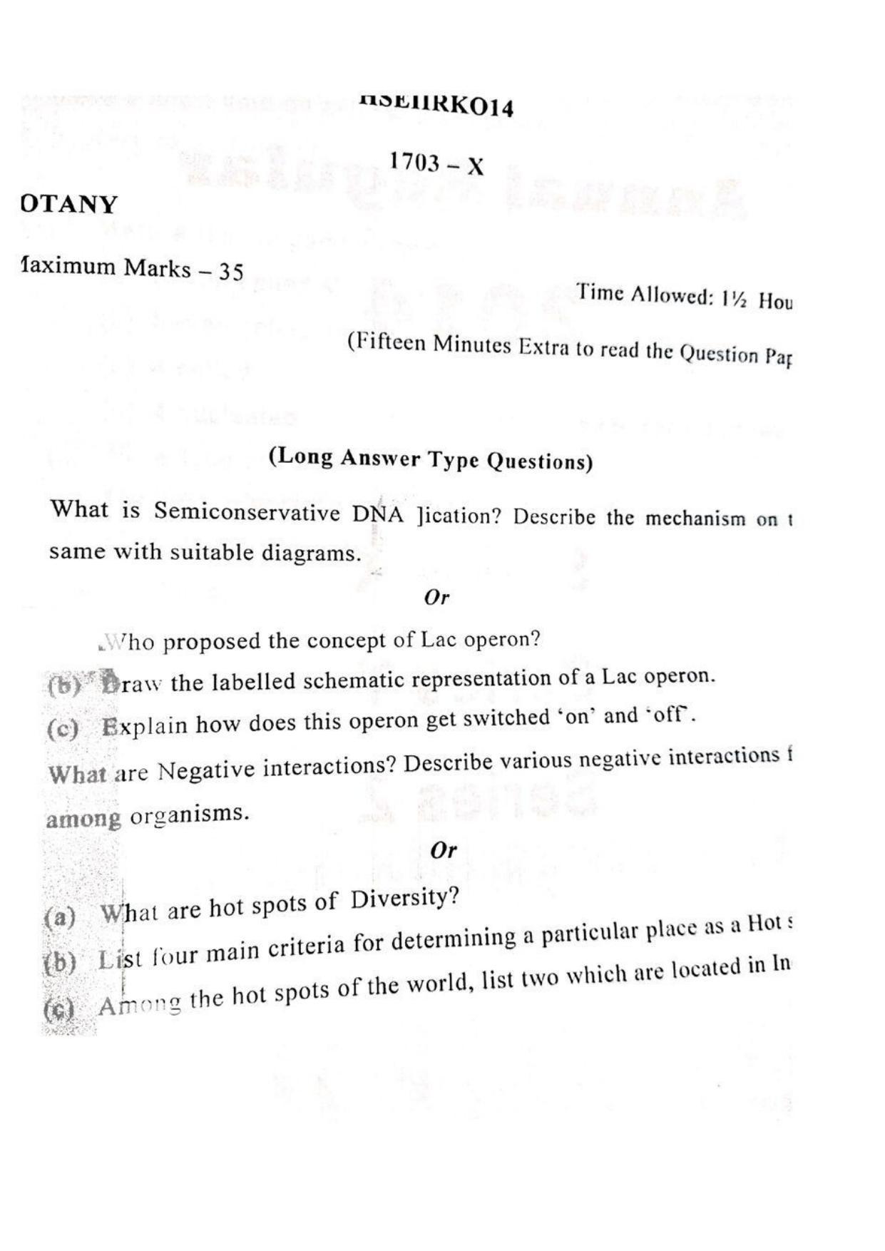 JKBOSE Class 12 Biology-Botany Question Papers 2014 (1703-X) - Page 1
