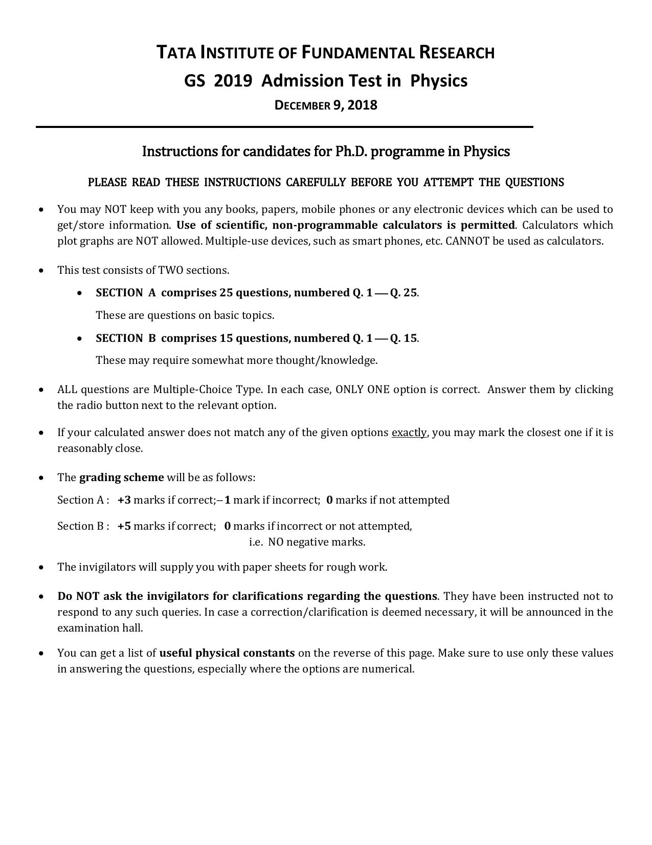 TIFR GS 2019 Physics Question Paper - Page 1