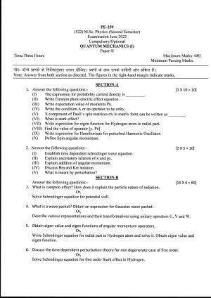 Bilaspur University Question Paper June 2022: M.Sc. Physics (Second Semester) Quantum Mechanics (I) Paper 1