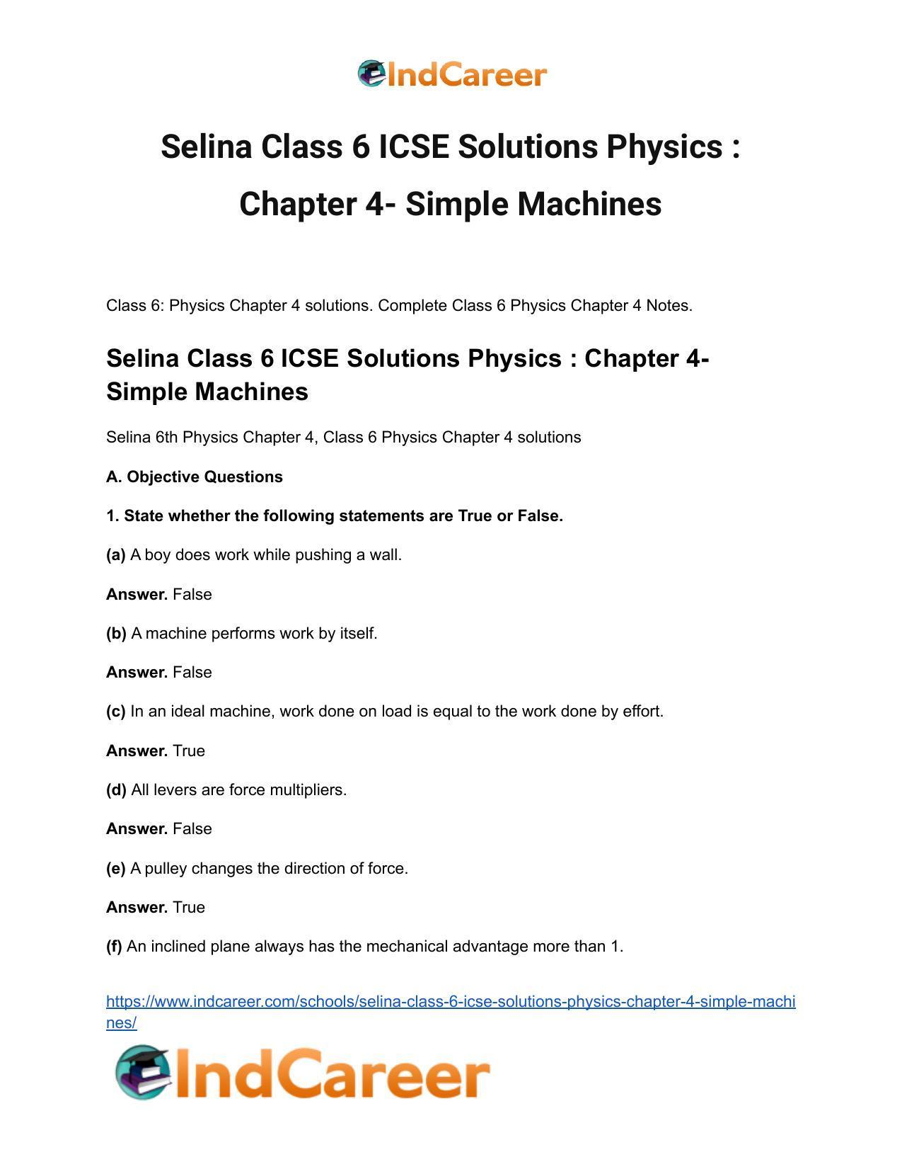 Selina Class 6 ICSE Solutions Physics : Chapter 4- Simple Machines - Page 2
