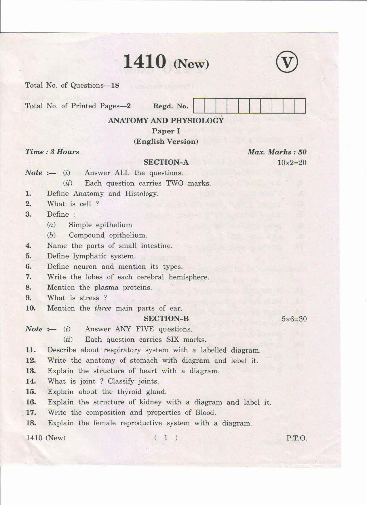 AP Inter 1st Year Anatomy and Physiology-I (New)MLT March-2019-Vocational Question Paper - Page 1