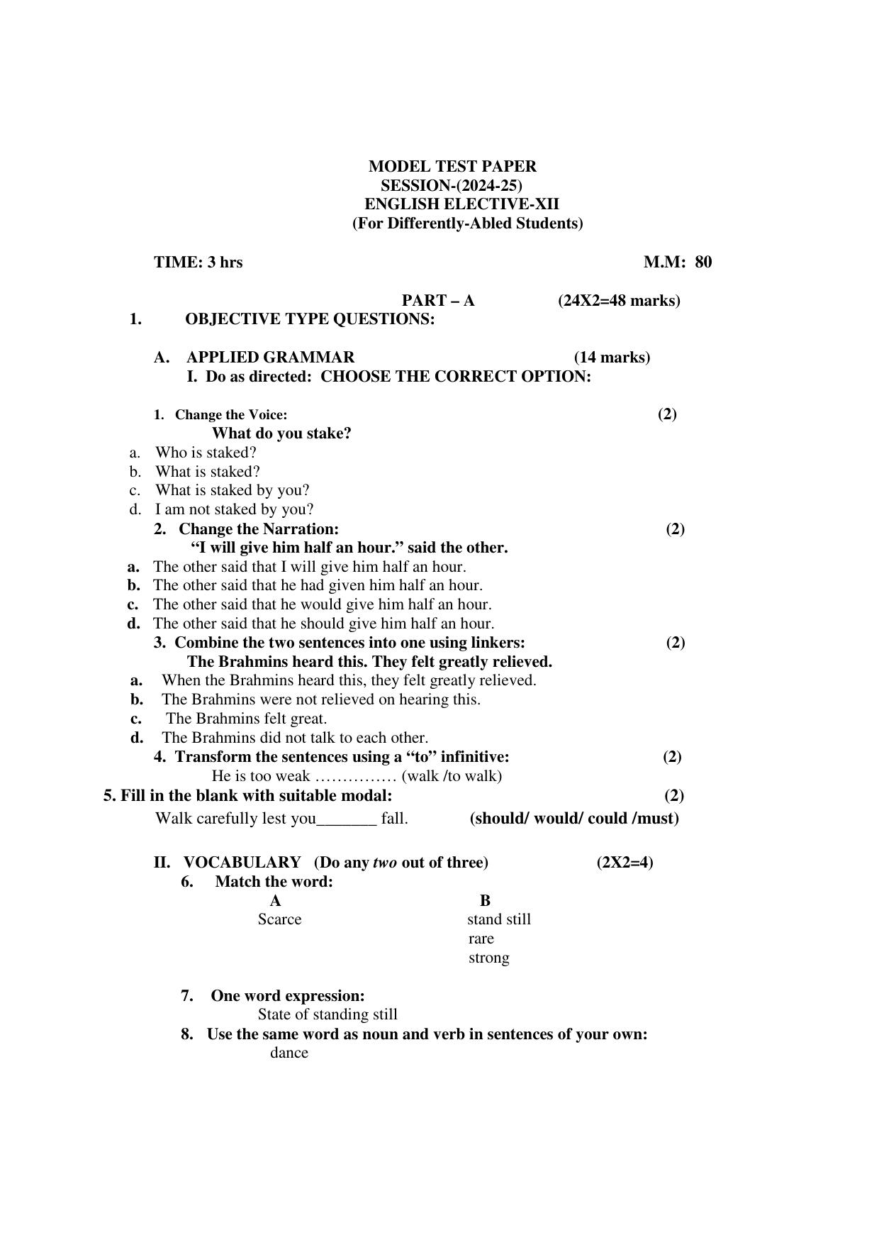 PSEB Class 12 Elective English (For DA Students) Model Papers 2025 - Page 1