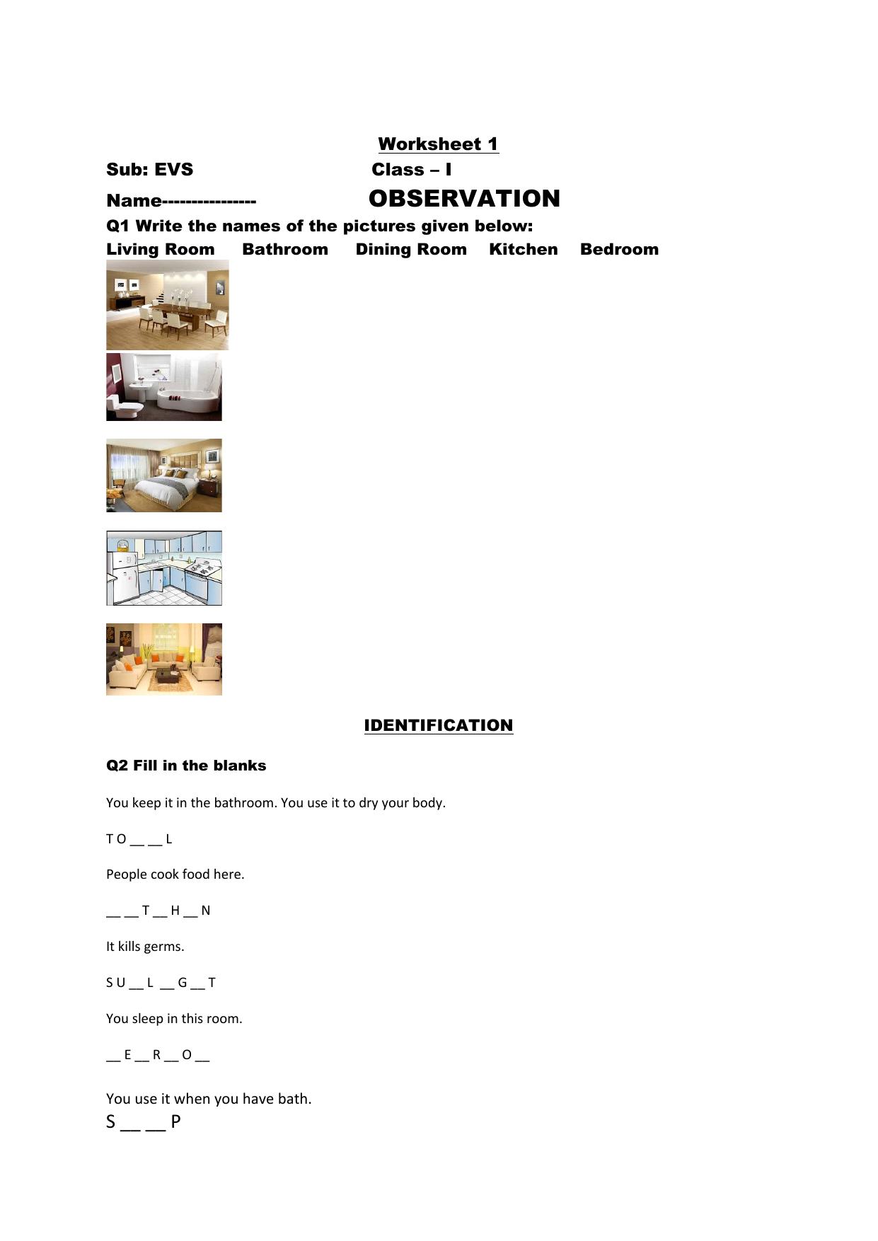 Worksheet for Class 1 EVS Houses Assignment - Page 1