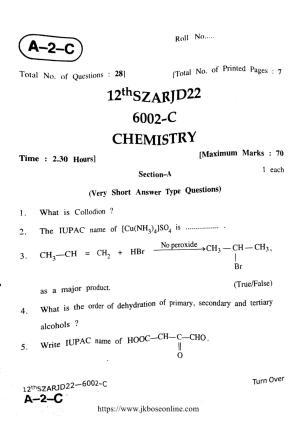 JKBOSE Class 12 Chemistry 6002-C Question Papers 2022