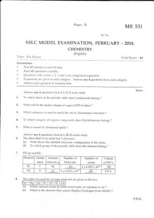 Kerala SSLC 2018 Chemistry Question Paper (EM) (Model)