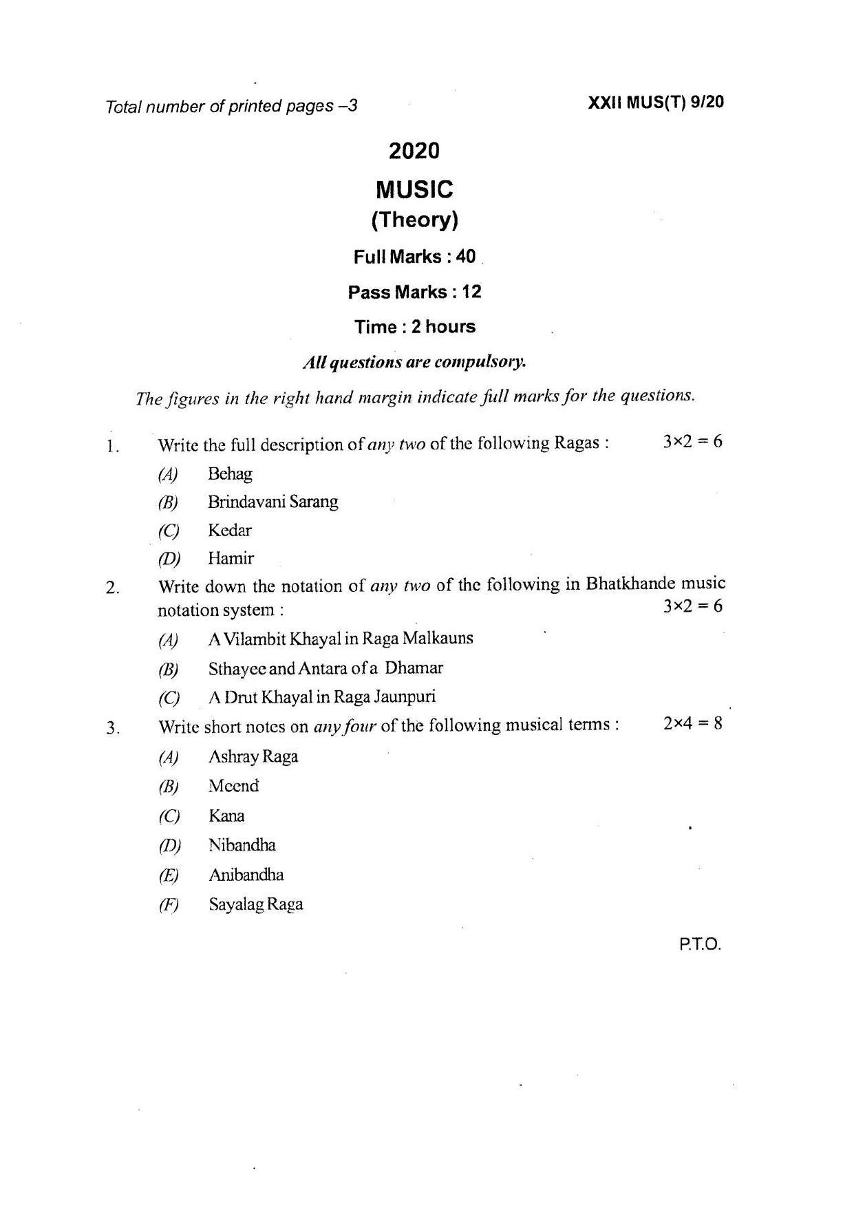 COHSEM Class 12 Music Question Papers 2020 - Page 1