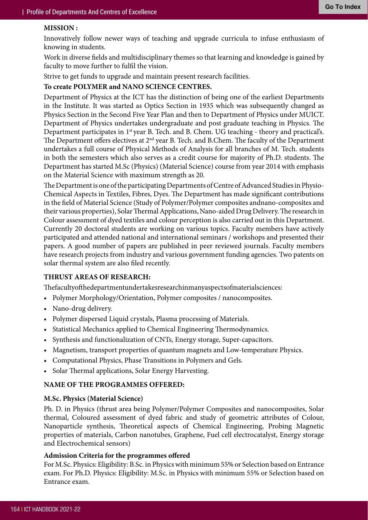 Institute of Chemical Technology (ICT), Mumbai Prospectus 2021-22 - Page 164