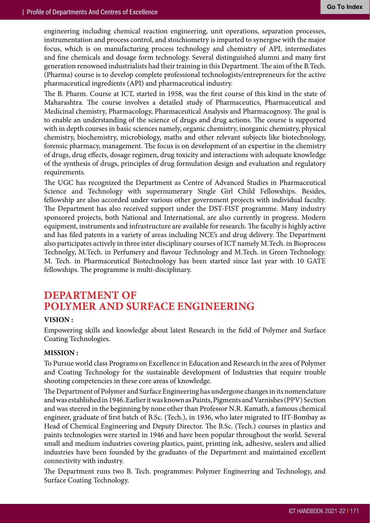Institute of Chemical Technology (ICT), Mumbai Prospectus 2021-22 - Page 171