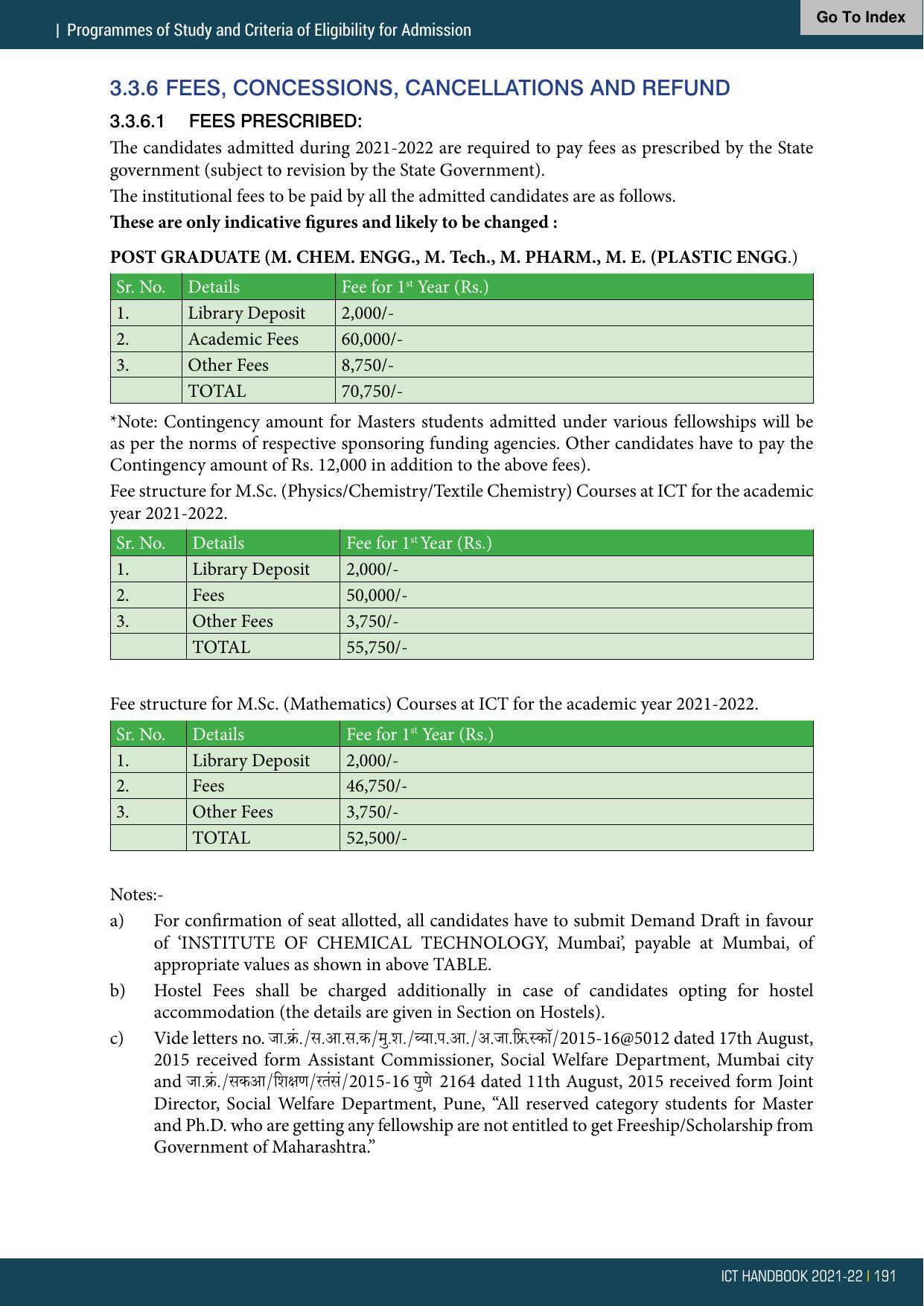 Institute of Chemical Technology (ICT), Mumbai Prospectus 2021-22 - Page 191