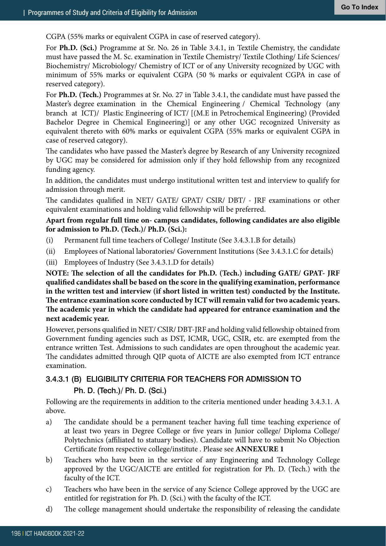 Institute of Chemical Technology (ICT), Mumbai Prospectus 2021-22 - Page 196
