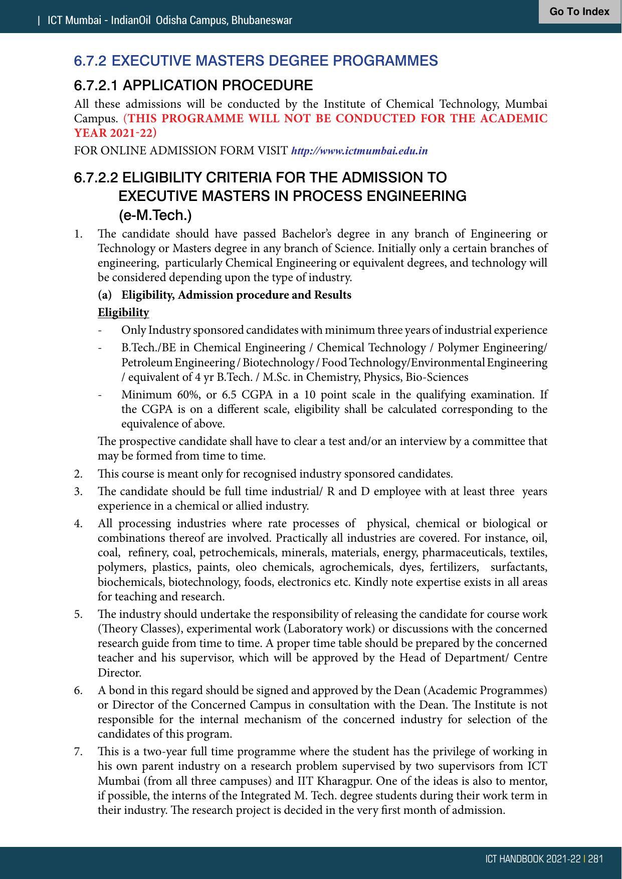 Institute of Chemical Technology (ICT), Mumbai Prospectus 2021-22 - Page 281