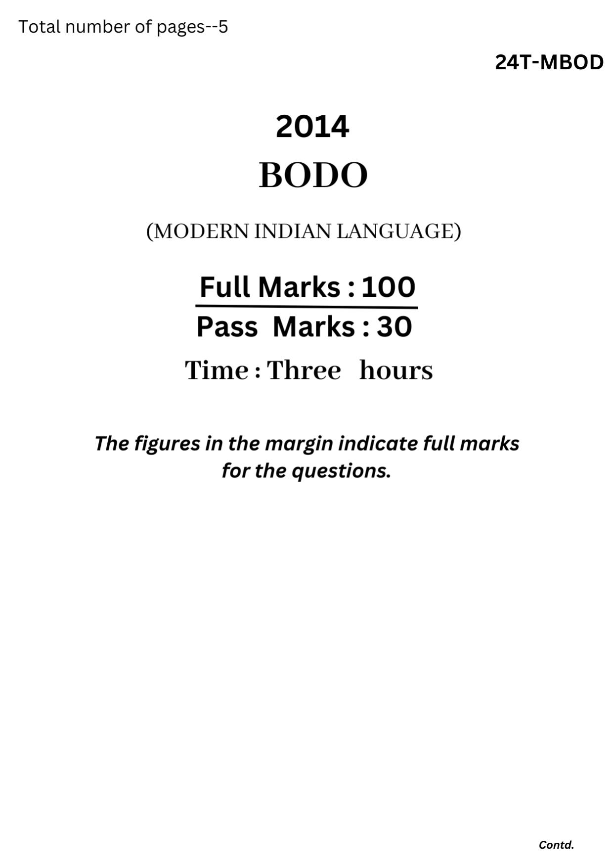 Assam HS 2nd Year Bodo MIL 2014 Question Paper - Page 1