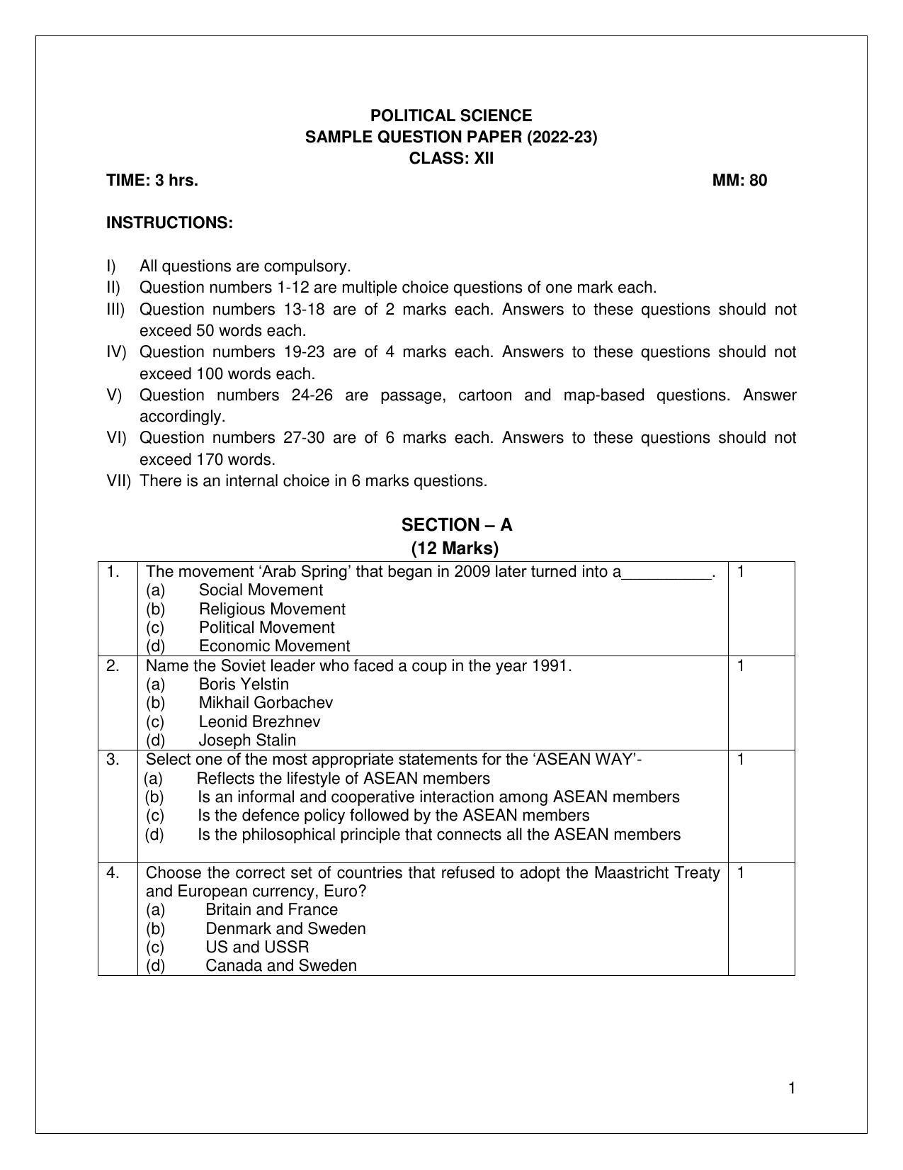 CBSE Class 12 Political Science Sample Paper 2023 - Page 1
