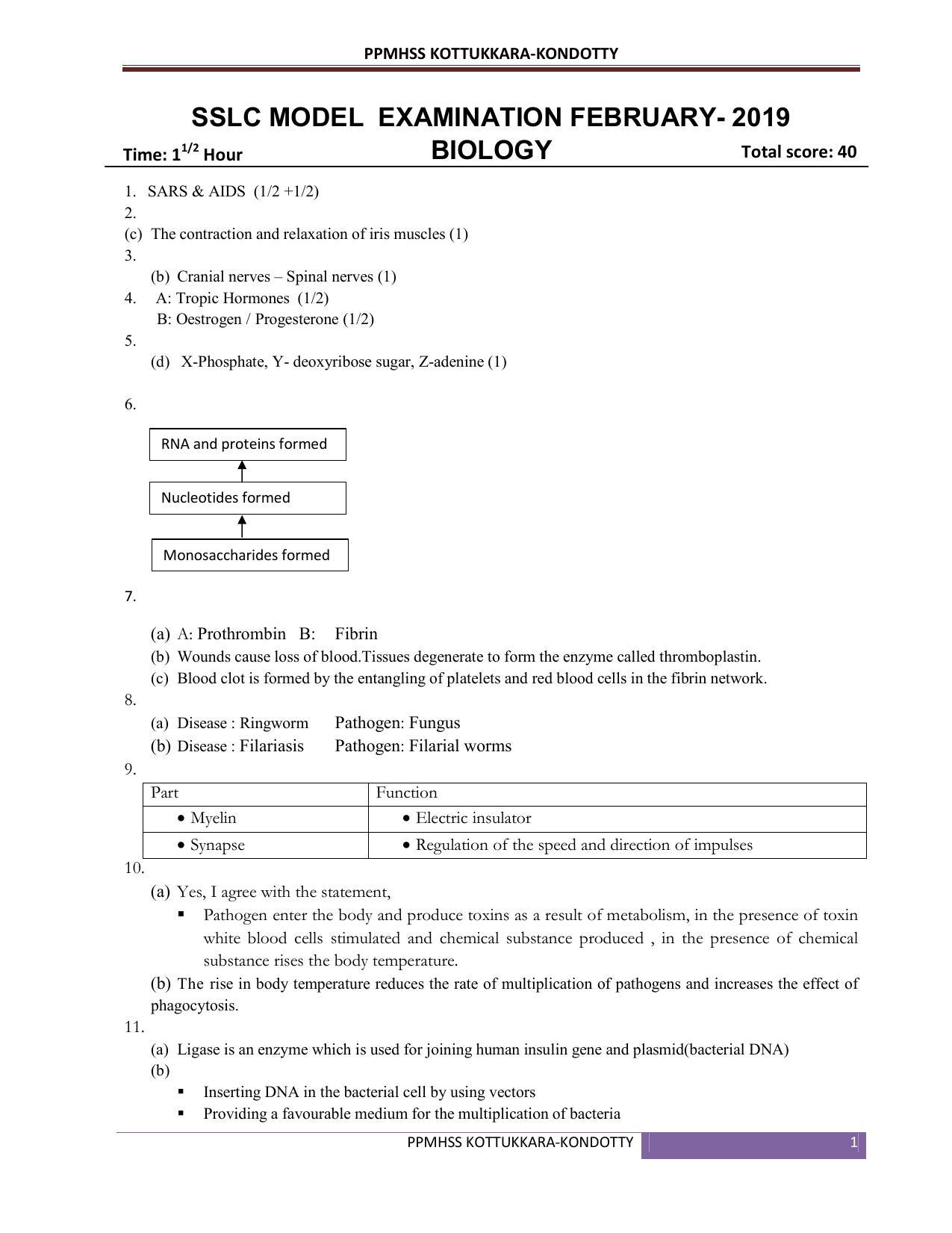 Kerala SSLC 2019  Biology Answer Key (EM) (Model) - Page 1