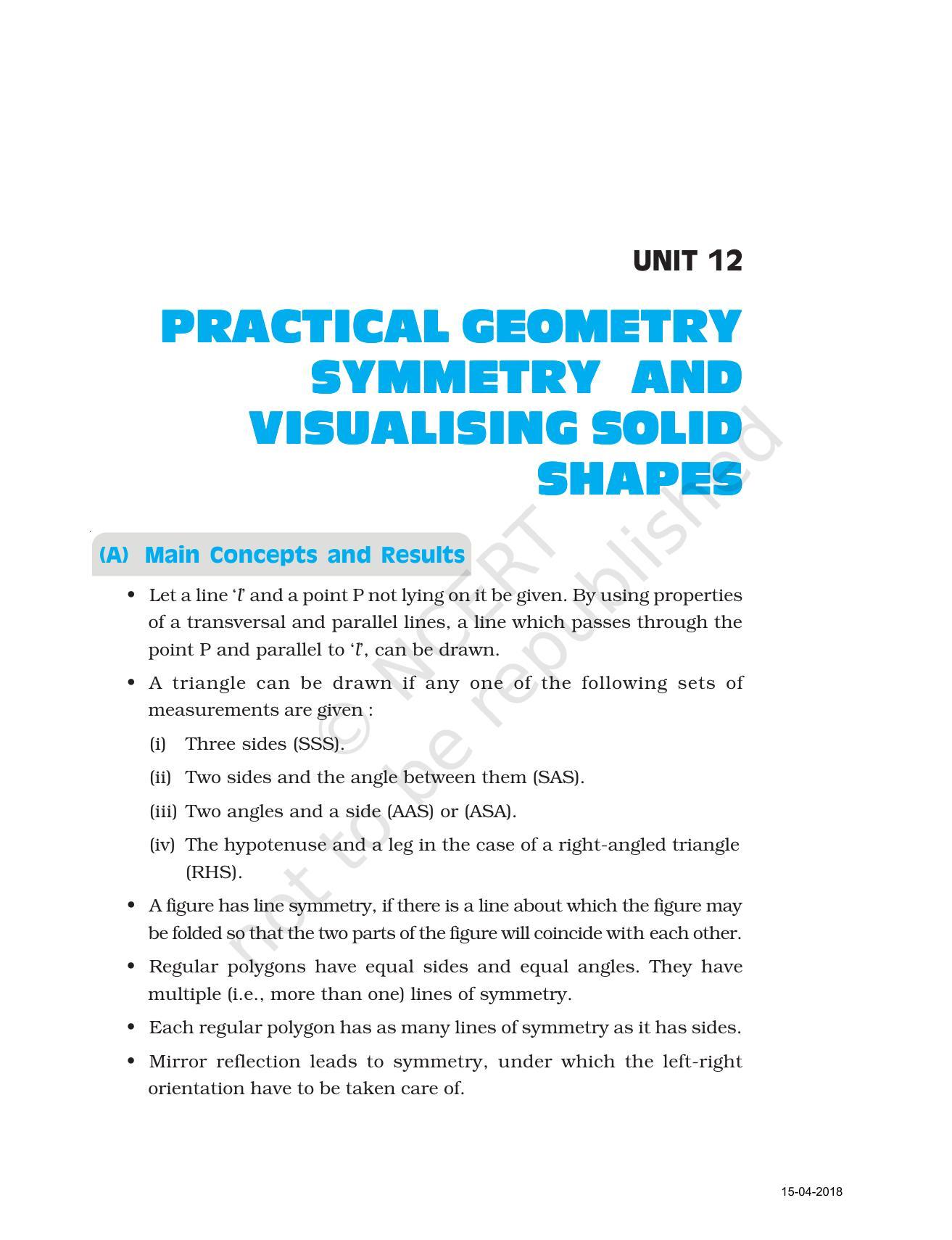 NCERT Exemplar Book for Class 7 Maths: Chapter 12- Practical Geometry Symmetry and Visualising Solid Shapes - Page 1