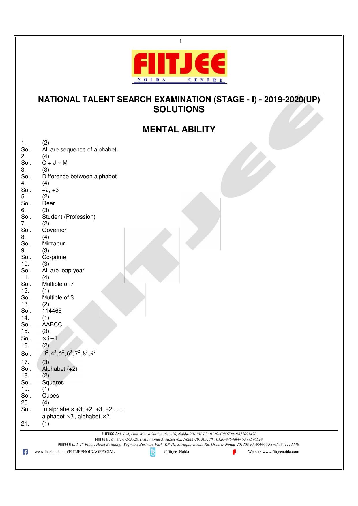 Uttar Pradesh NTSE 2020 MAT Answer Key - Page 1