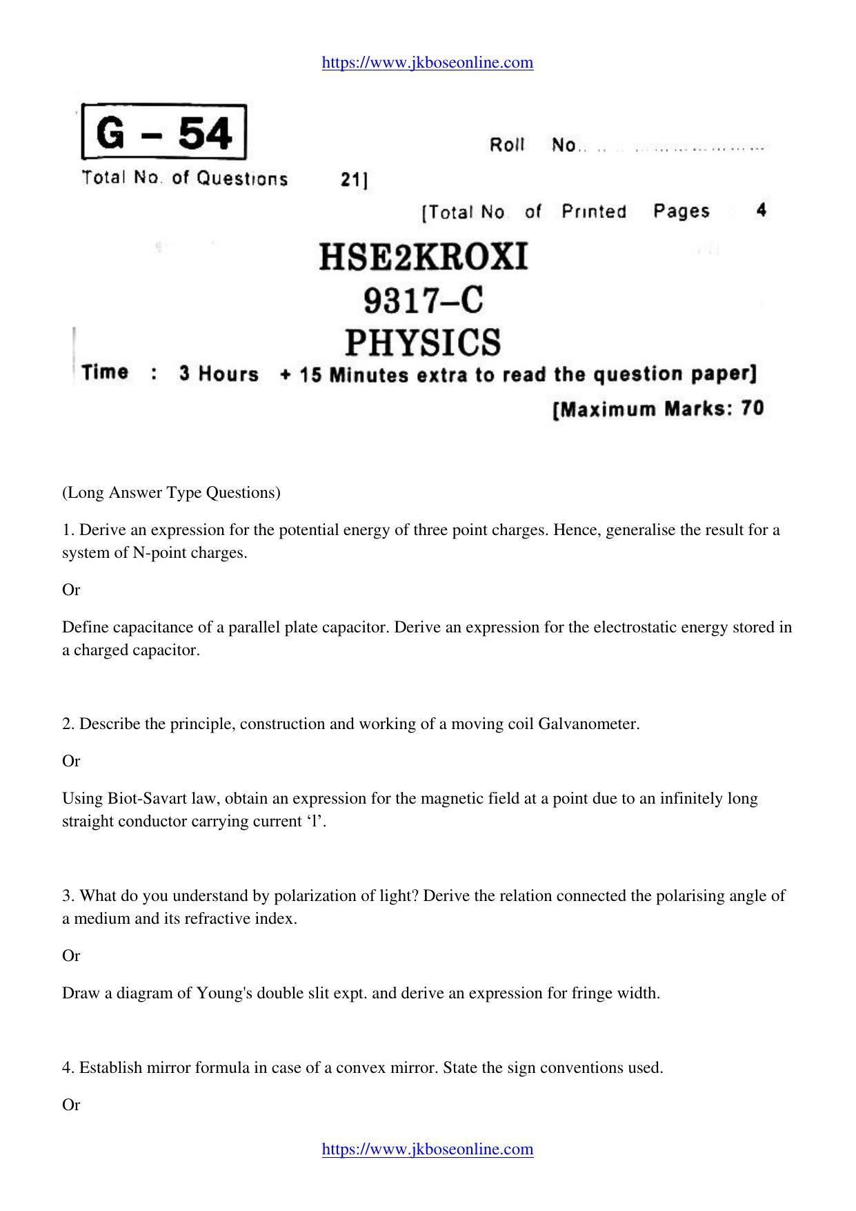JKBOSE Class 12 Physics Question Papers 2011 (9317-C) - Page 1