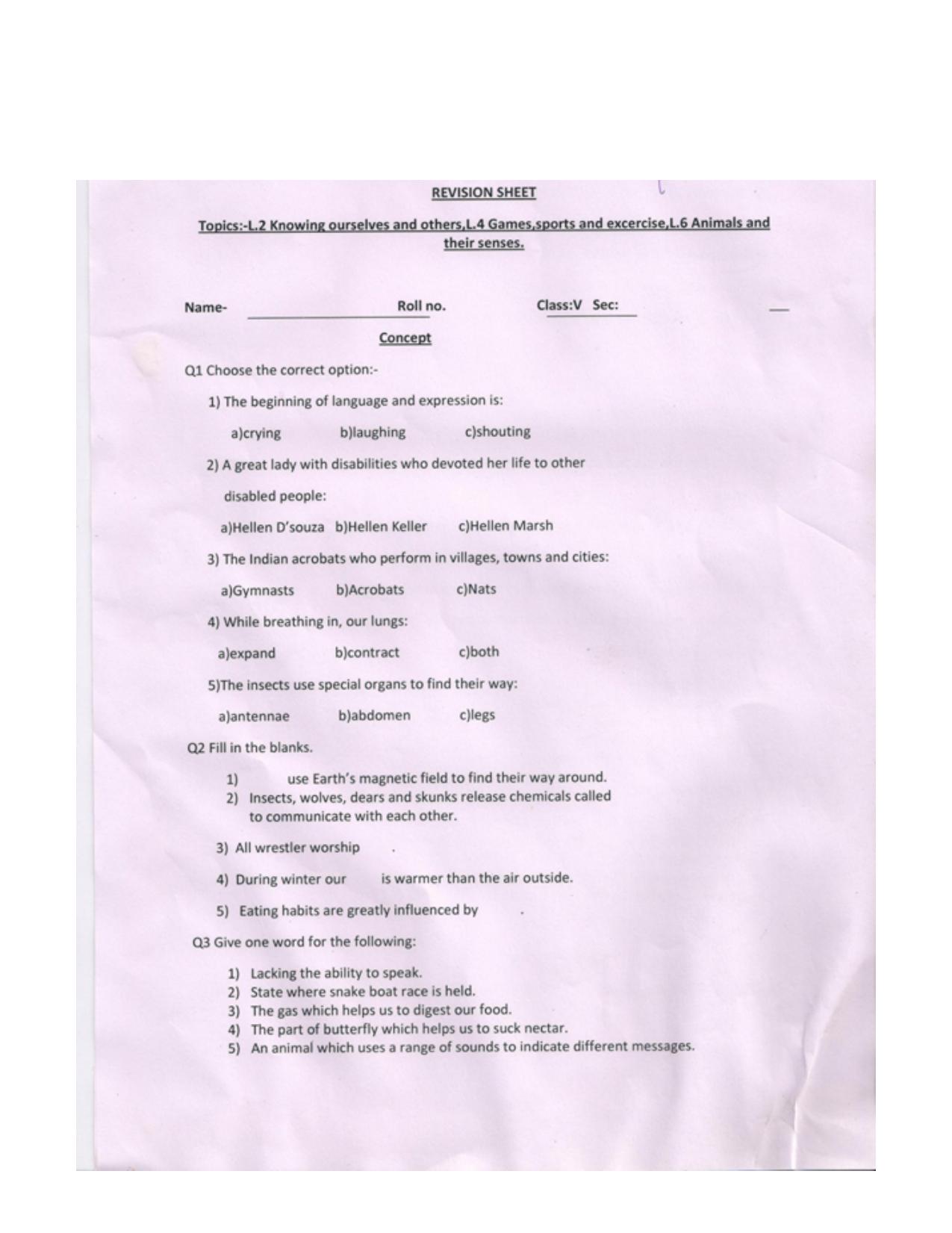 Worksheet for Class 5 Environmental Studies Assignment 9 - Page 1