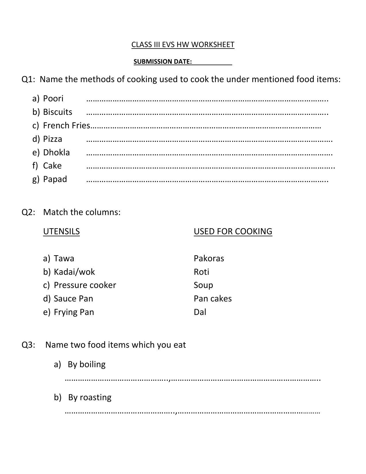 Worksheet for Class 3 EVS Assignment 72 Food - Page 1