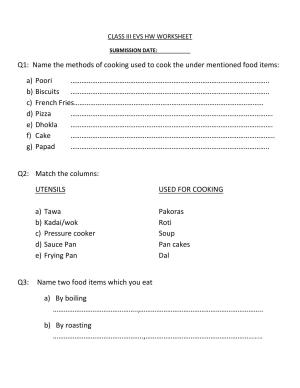 Worksheet for Class 3 EVS Assignment 72 Food