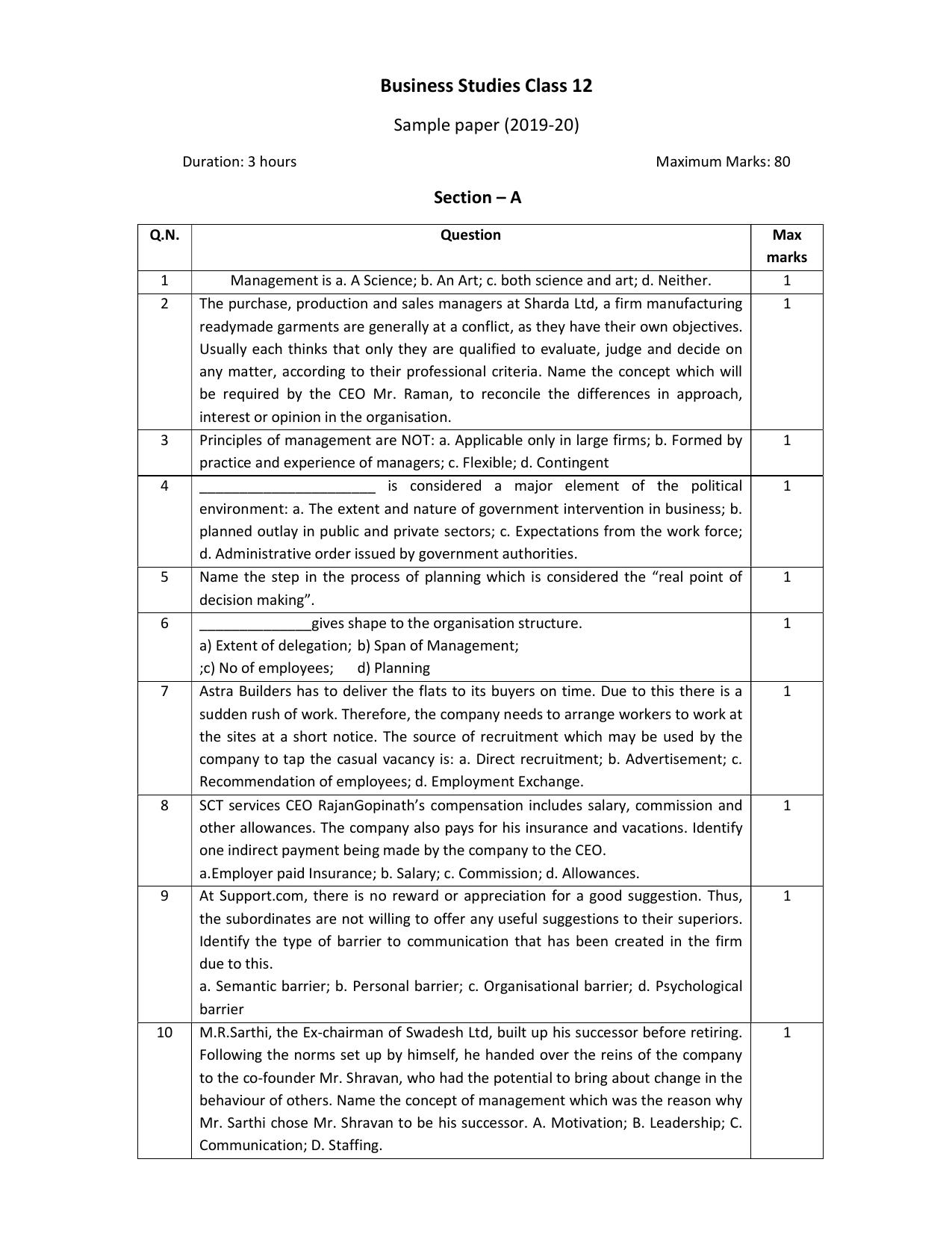 CBSE Class 12 Business Studies Skill Education-Sample Paper 2019-20 - Page 1