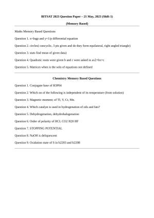 BITSAT Maths & Chemistry Shift 1 (21 May, 2023) Question Paper 2023 Question Paper