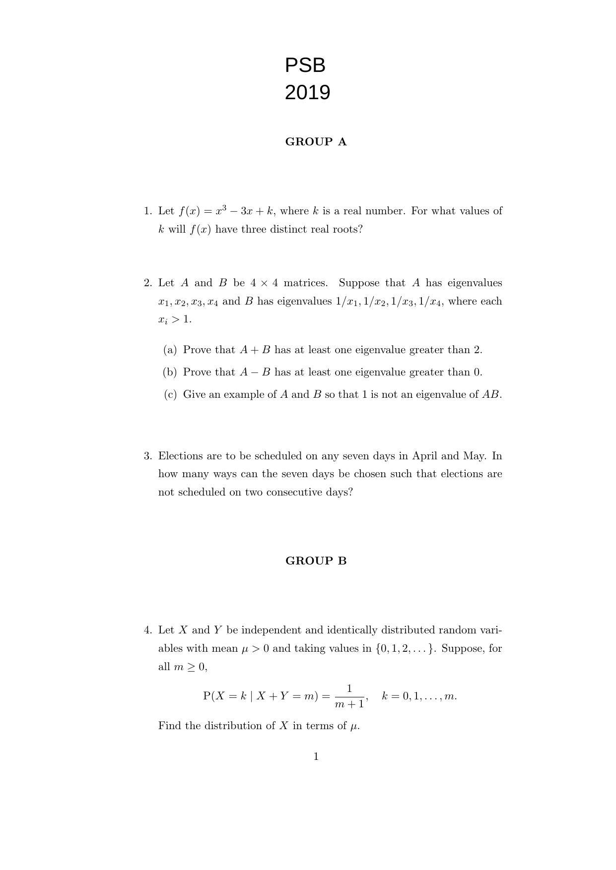 ISI Admission Test M.Stat.PSB 2019 Sample Paper - Page 1