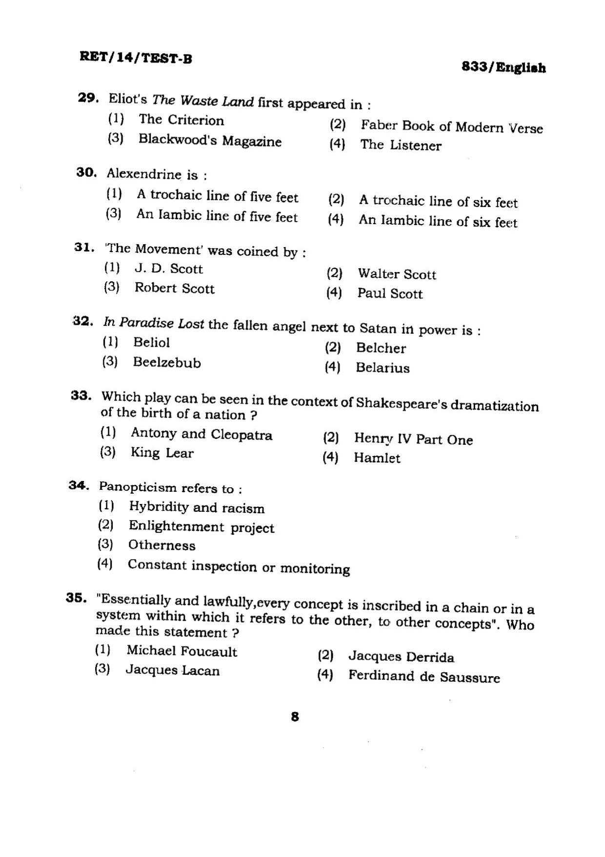 BHU RET ENGLISH 2014 Question Paper - Page 8