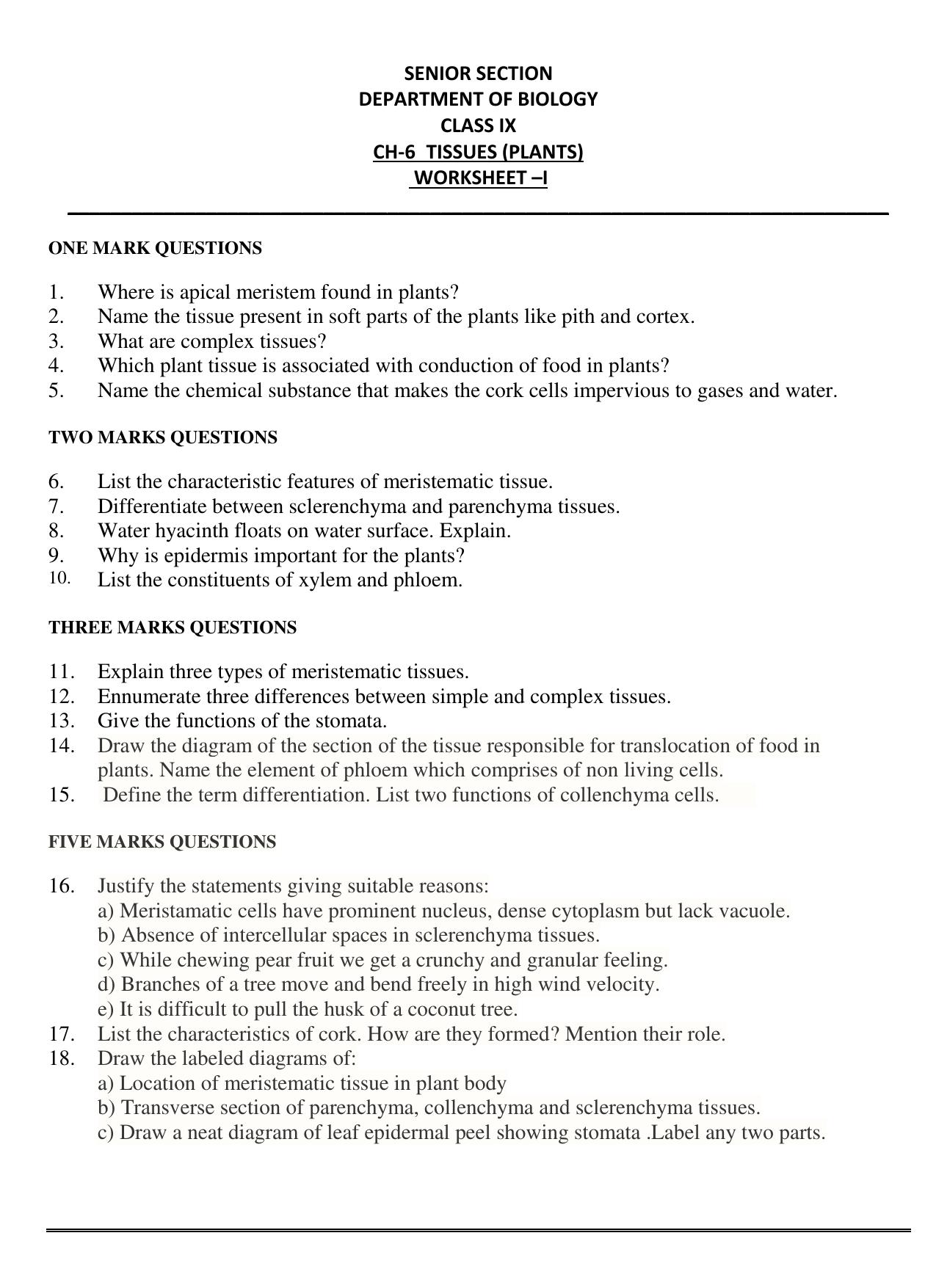 CBSE Worksheets for Class 9 Science Tissues Plants Assignment - Page 1
