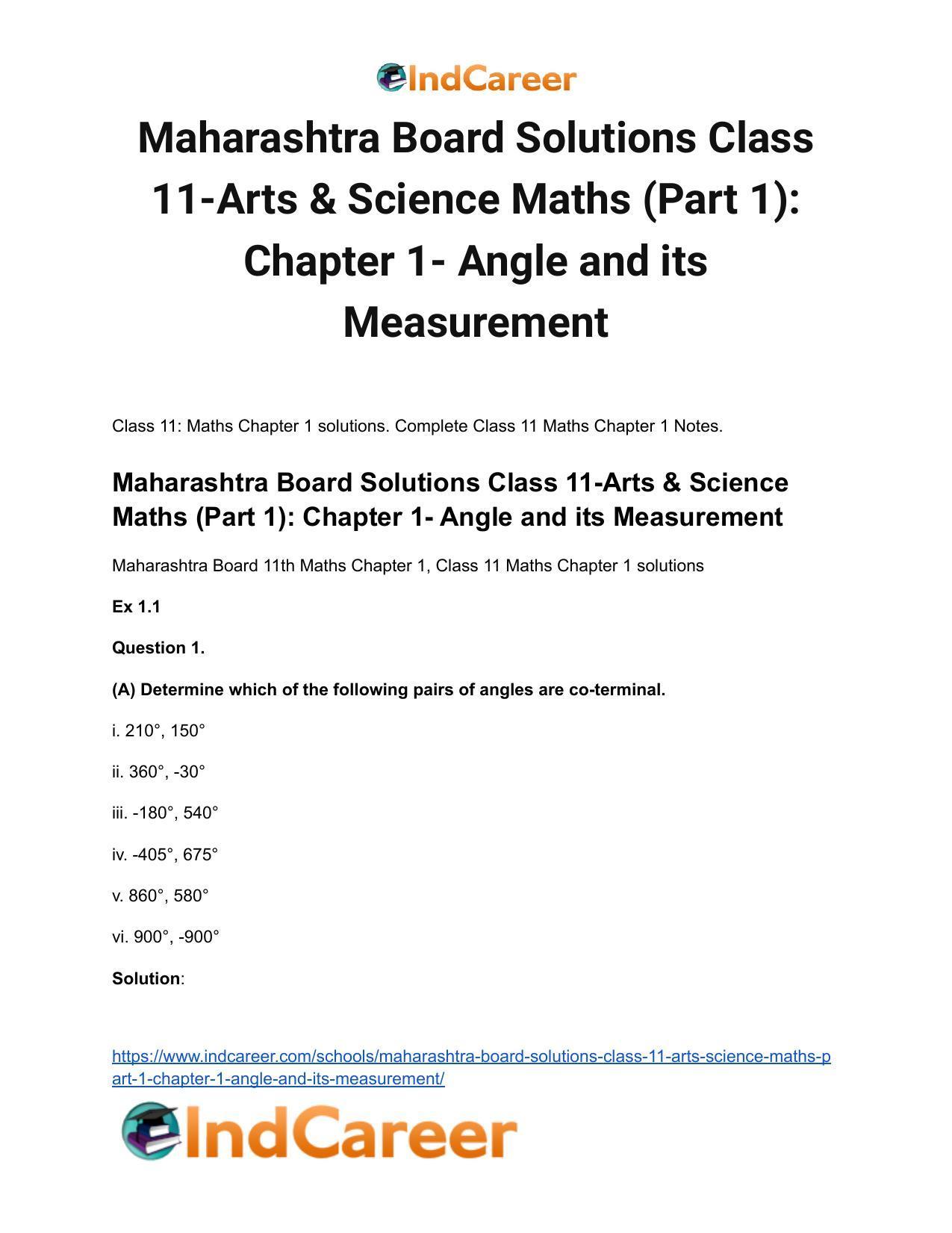 Maharashtra Board Solutions Class 11-Arts & Science Maths (Part 1): Chapter 1- Angle and its Measurement - Page 2
