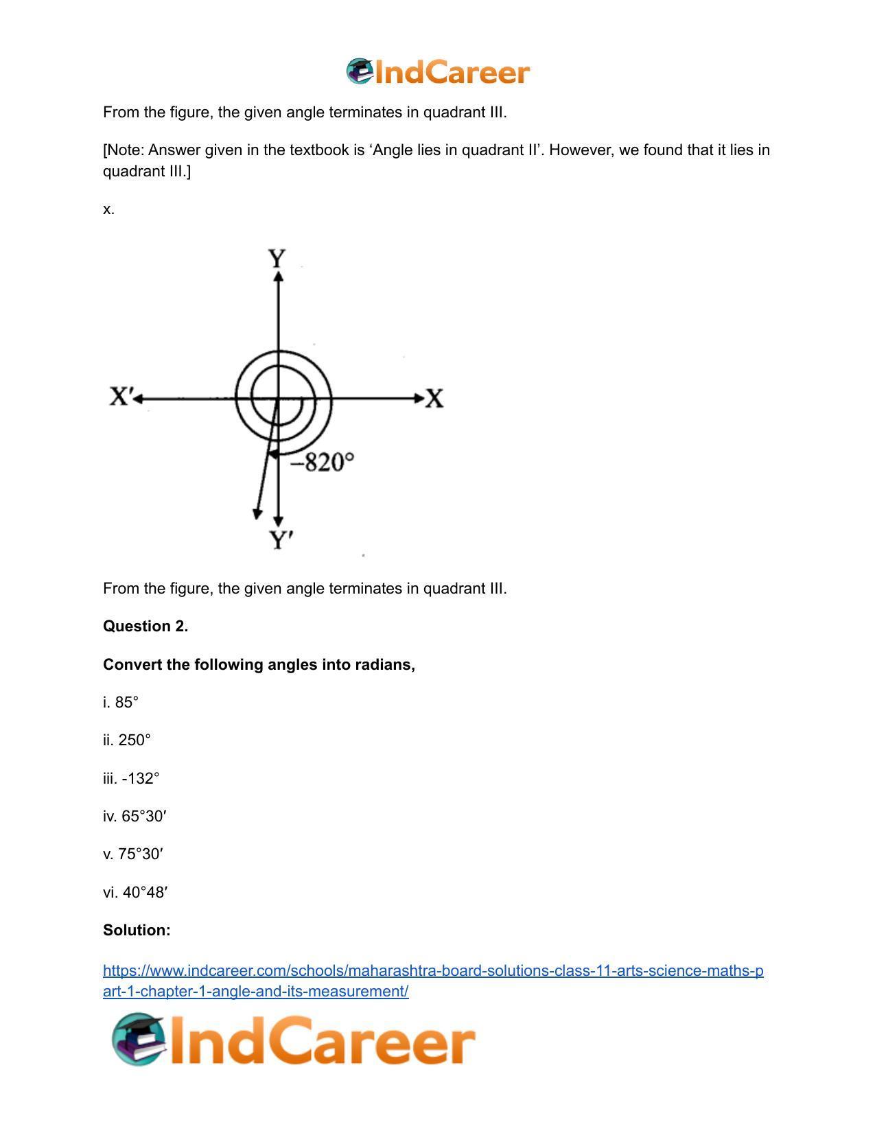 Maharashtra Board Solutions Class 11-Arts & Science Maths (Part 1): Chapter 1- Angle and its Measurement - Page 10
