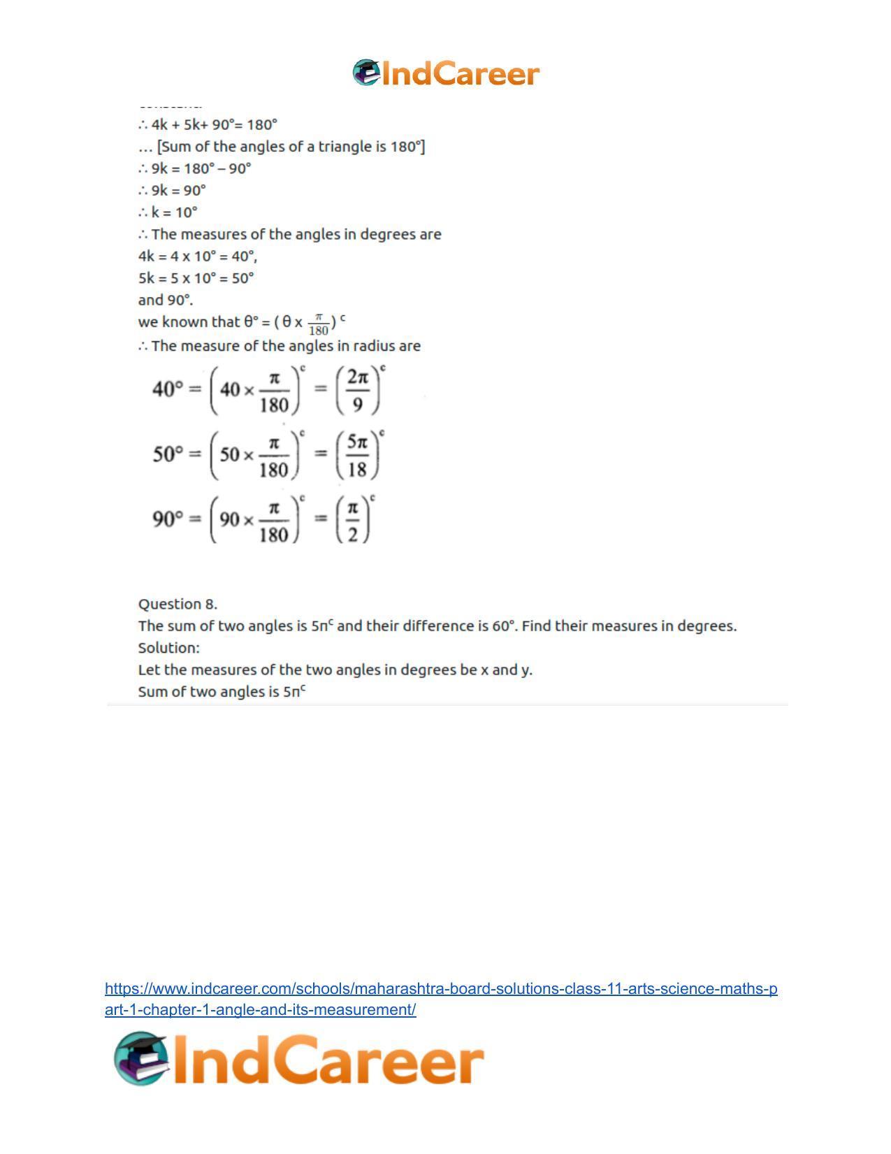 Maharashtra Board Solutions Class 11-Arts & Science Maths (Part 1): Chapter 1- Angle and its Measurement - Page 19